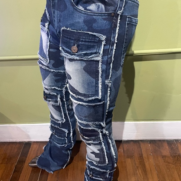 Bleecker&Mercer Camouflage Cargo Jeans blue premium denim stack flare fit - Picture 3 of 5